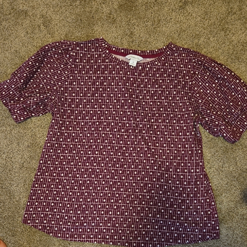 Liz Claiborne Purple and White Boxy Short Puffy Sleeve Blouse